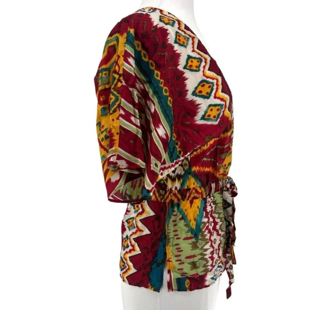 Industrie B Women’s  Silk Blouse Ikat Print-Tie Front- Size Small - Picture 3 of 6